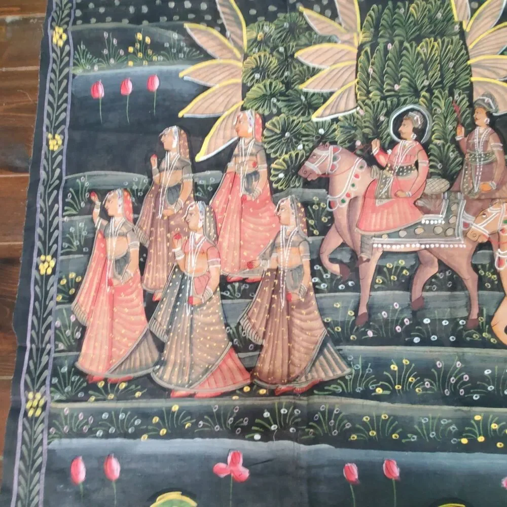 Vintage Tapestry Hand Painted India Traditional Royal Procession Scene 60x40